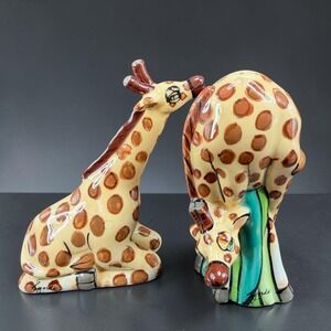 Blue Sky Ceramic Giraffe Salt and Pepper Shaker Set Brown Tan Hand Painted 4in